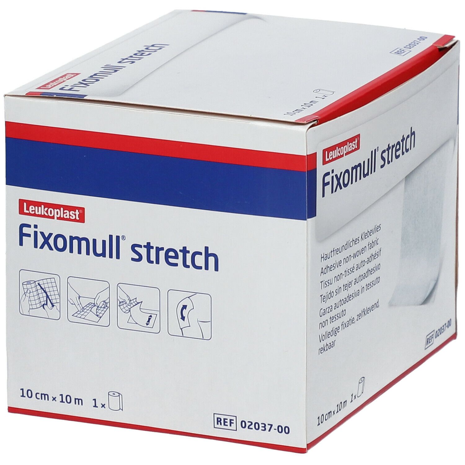 Boîte de Fixomull stretch. Rouleau de 10 cm x 10 m. Illustrations: instructions d'utilisation.