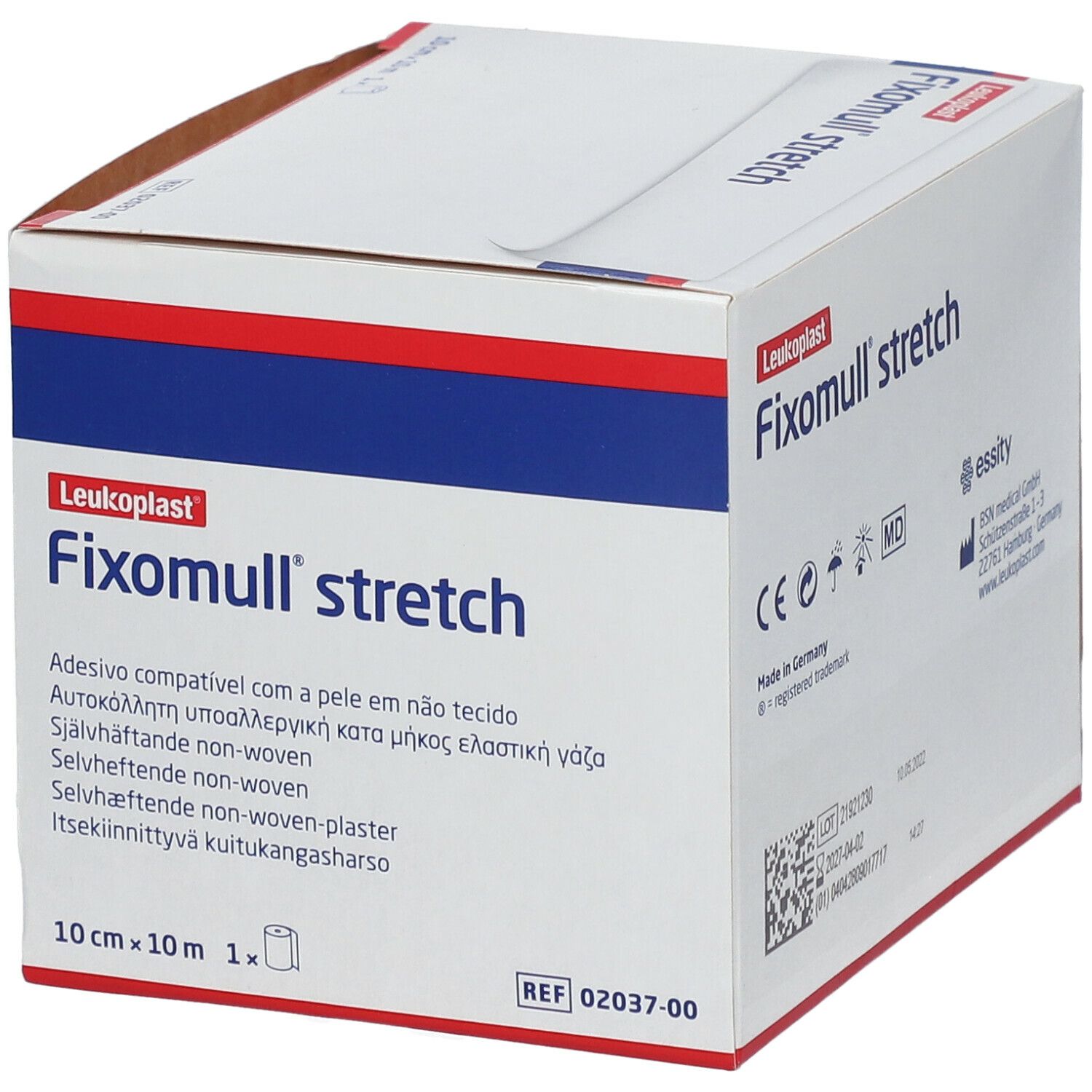 Boîte de Fixomull stretch. Rouleau de 10 cm x 10 m. Informations produit multilingues.