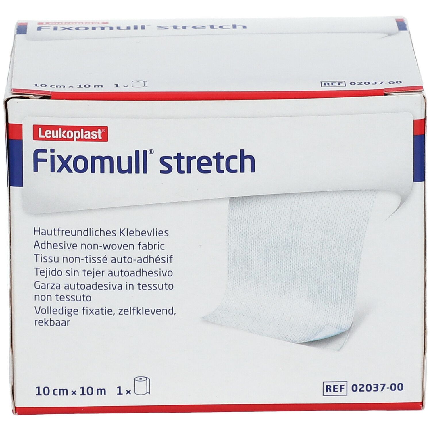 Boîte de Fixomull stretch. Rouleau de 10 cm x 10 m. Visible: tissu non tissé adhésif.