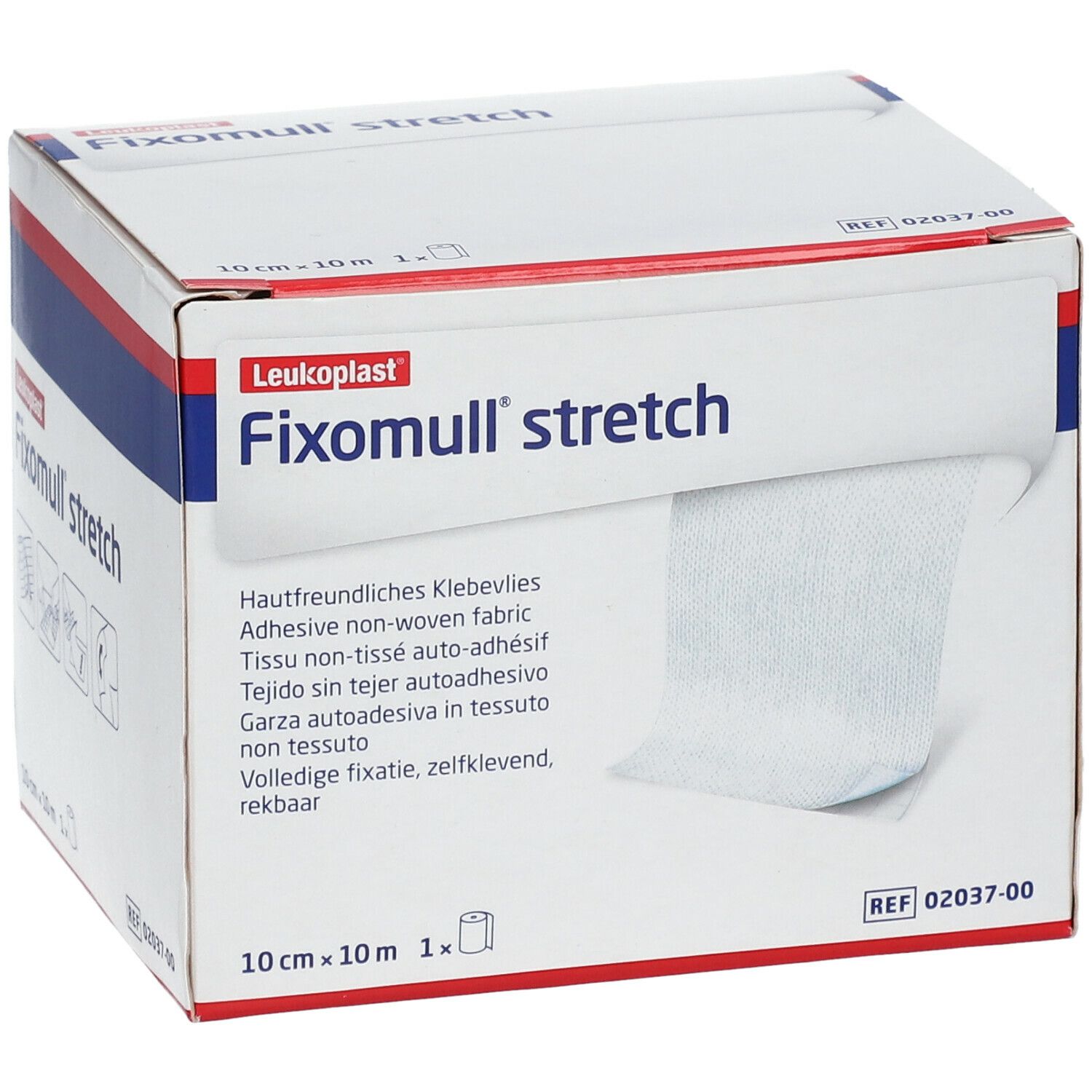 Boîte de Fixomull stretch. Rouleau de 10 cm x 10 m. Visible: tissu non tissé adhésif.