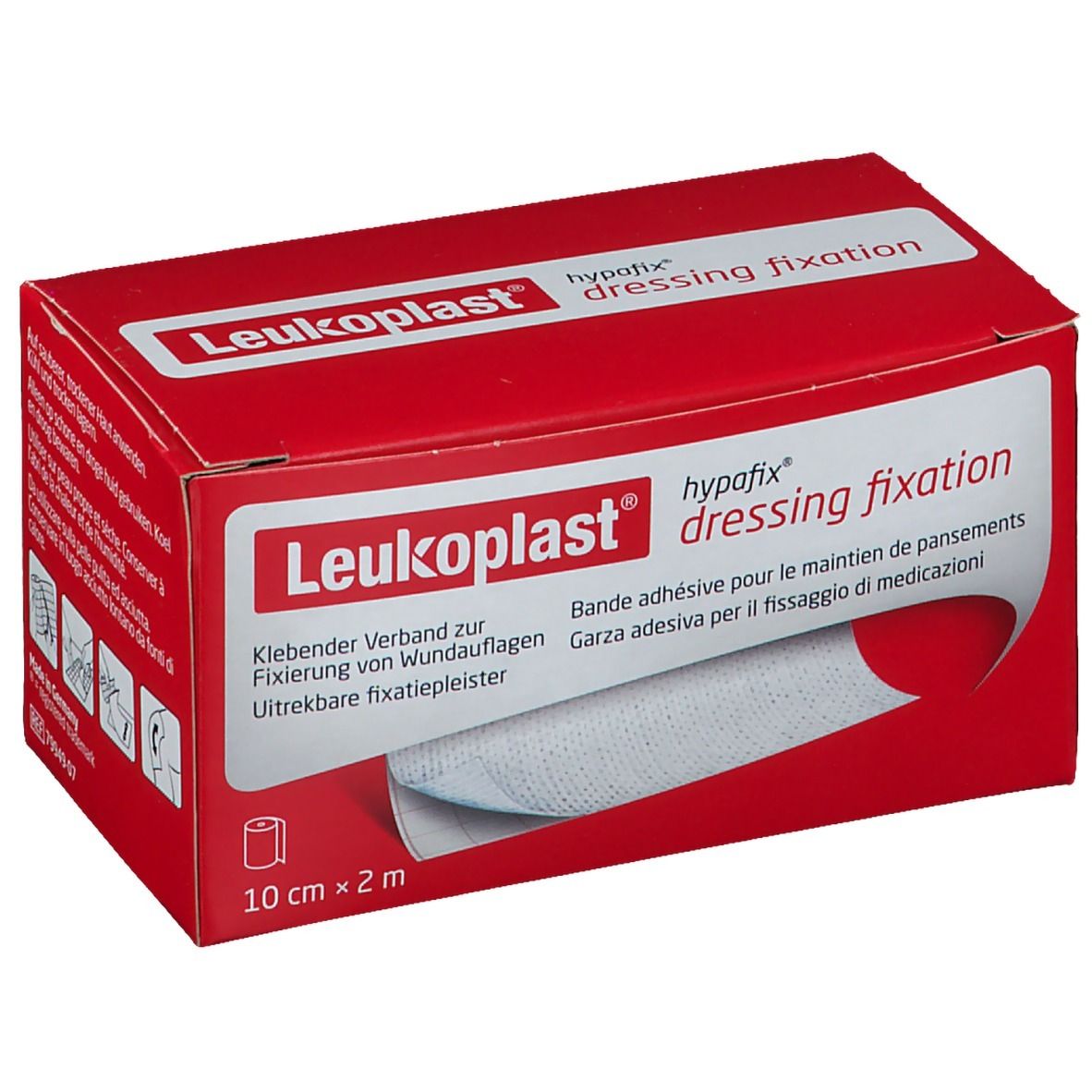 Rote Verpackung mit Leukoplast®-Logo und Produktbezeichnung. Enthält 10 cm x 2 m Verband. Aufschrift: dressing fixation.