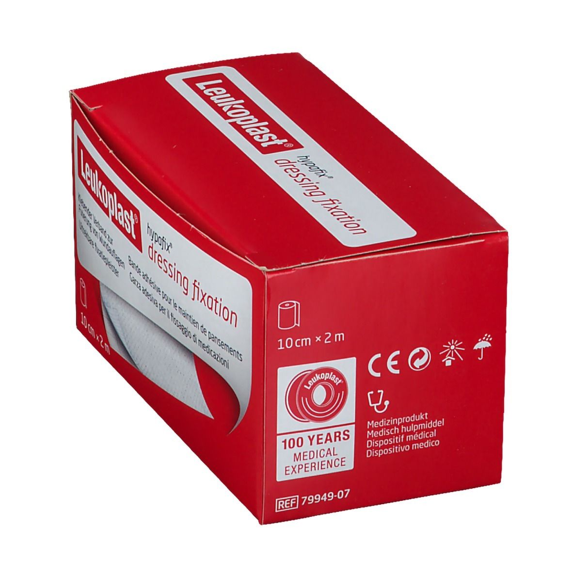 Rote Verpackung mit Leukoplast®-Logo und Produktbezeichnung. Enthält 10 cm x 2 m Verband. Medizinprodukt-Logo.