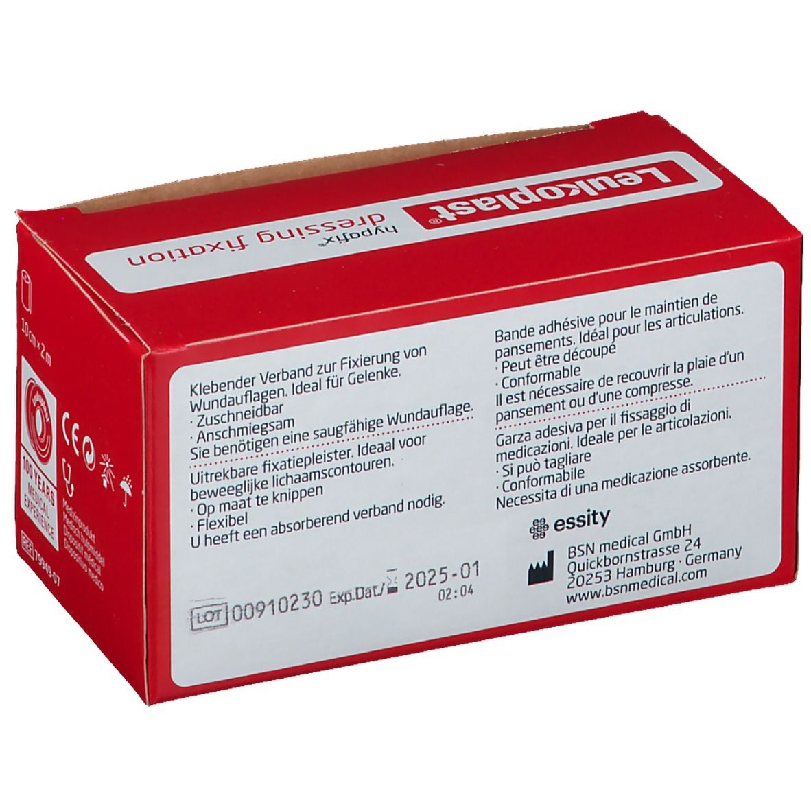 Rückseite der roten Verpackung mit Produktinformationen. Enthält Informationen in mehreren Sprachen. Mit CE-Kennzeichnung.