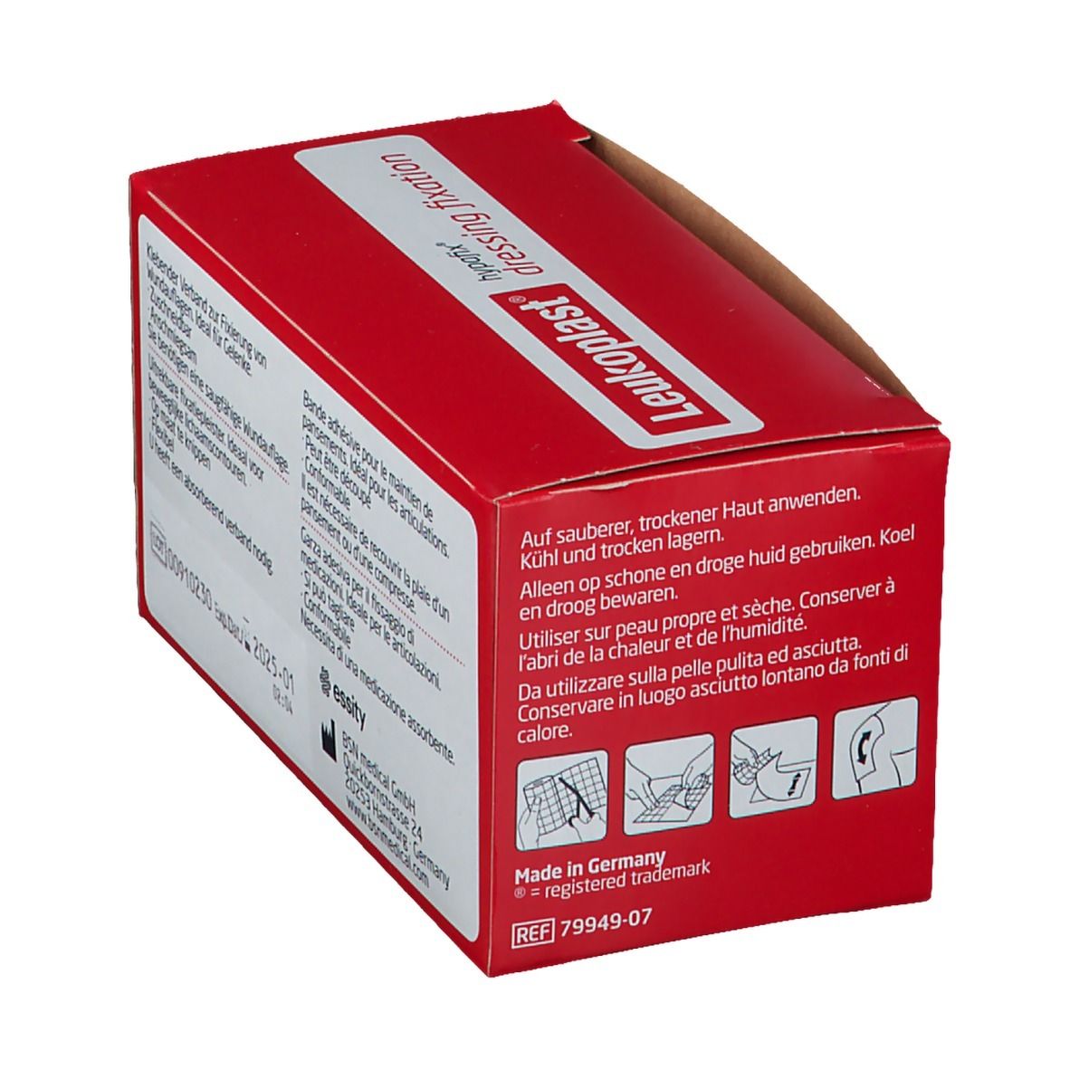 Rote Verpackung mit Produktinformationen. Enthält Anweisungen und Hinweise zur Anwendung. Mit Made in Germany.