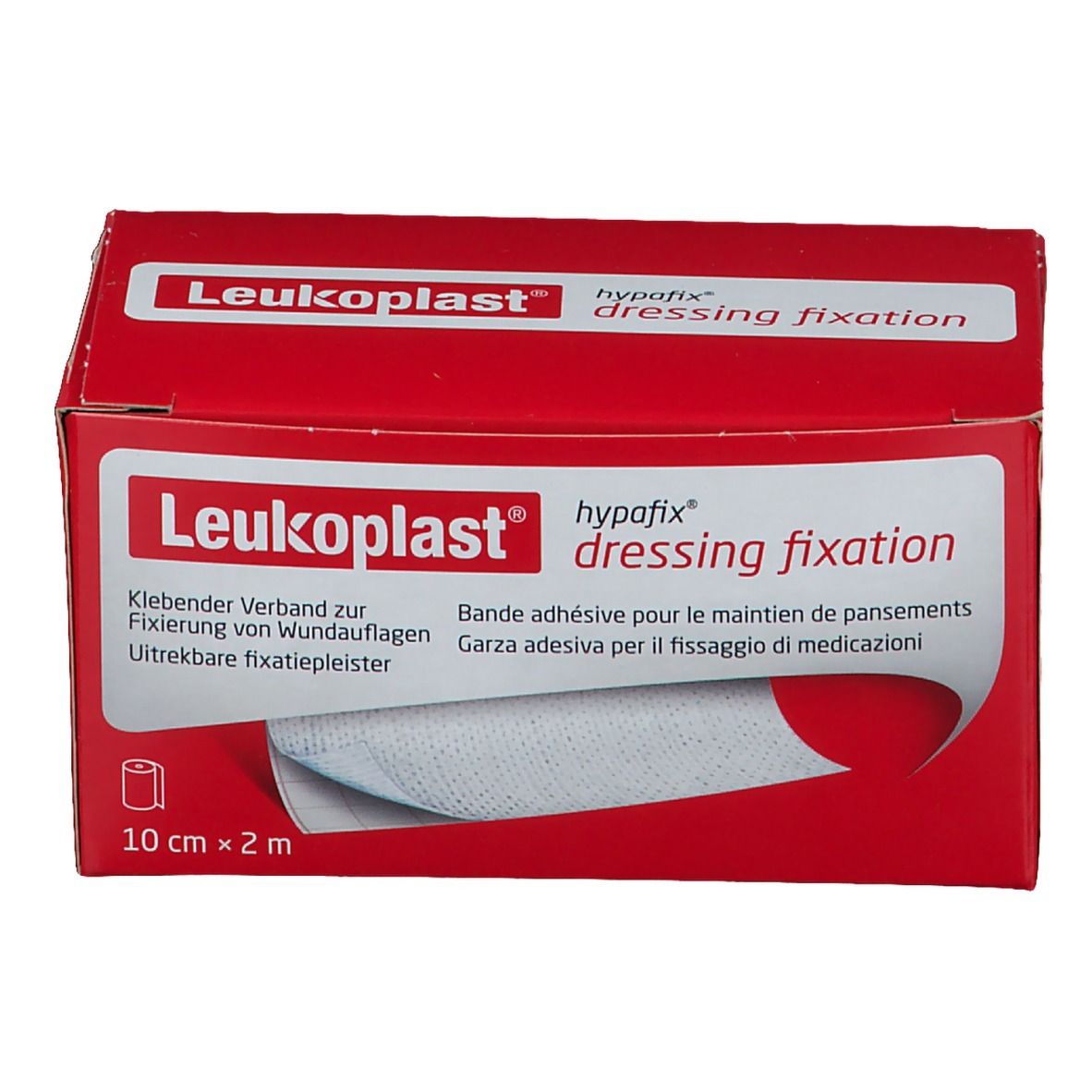 Rote Verpackung mit Leukoplast®-Logo und Produktbezeichnung. Enthält 10 cm x 2 m Verband. Aufschrift: dressing fixation.