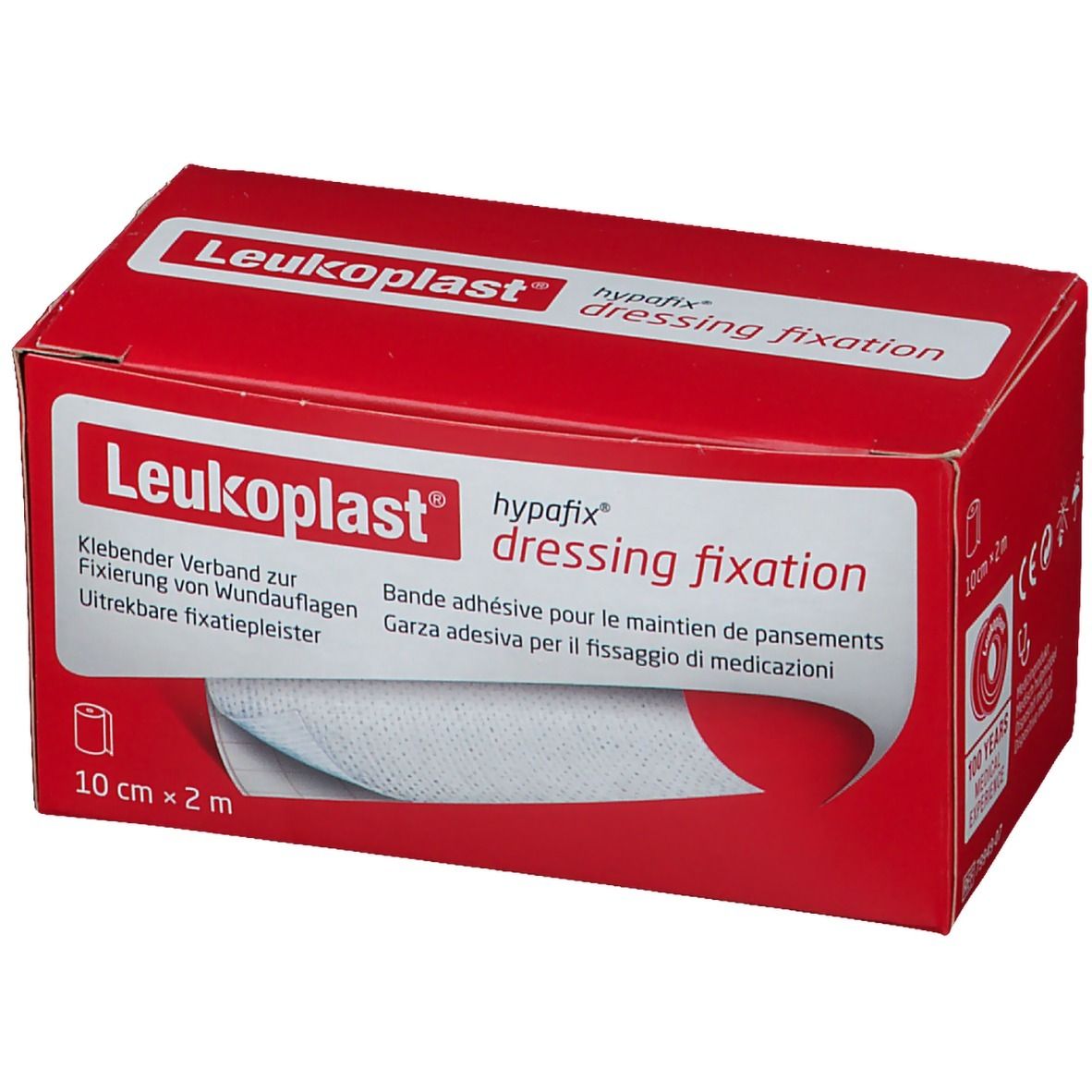 Rote Verpackung mit Leukoplast®-Logo und Produktbezeichnung. Enthält 10 cm x 2 m Verband. Aufschrift: dressing fixation.