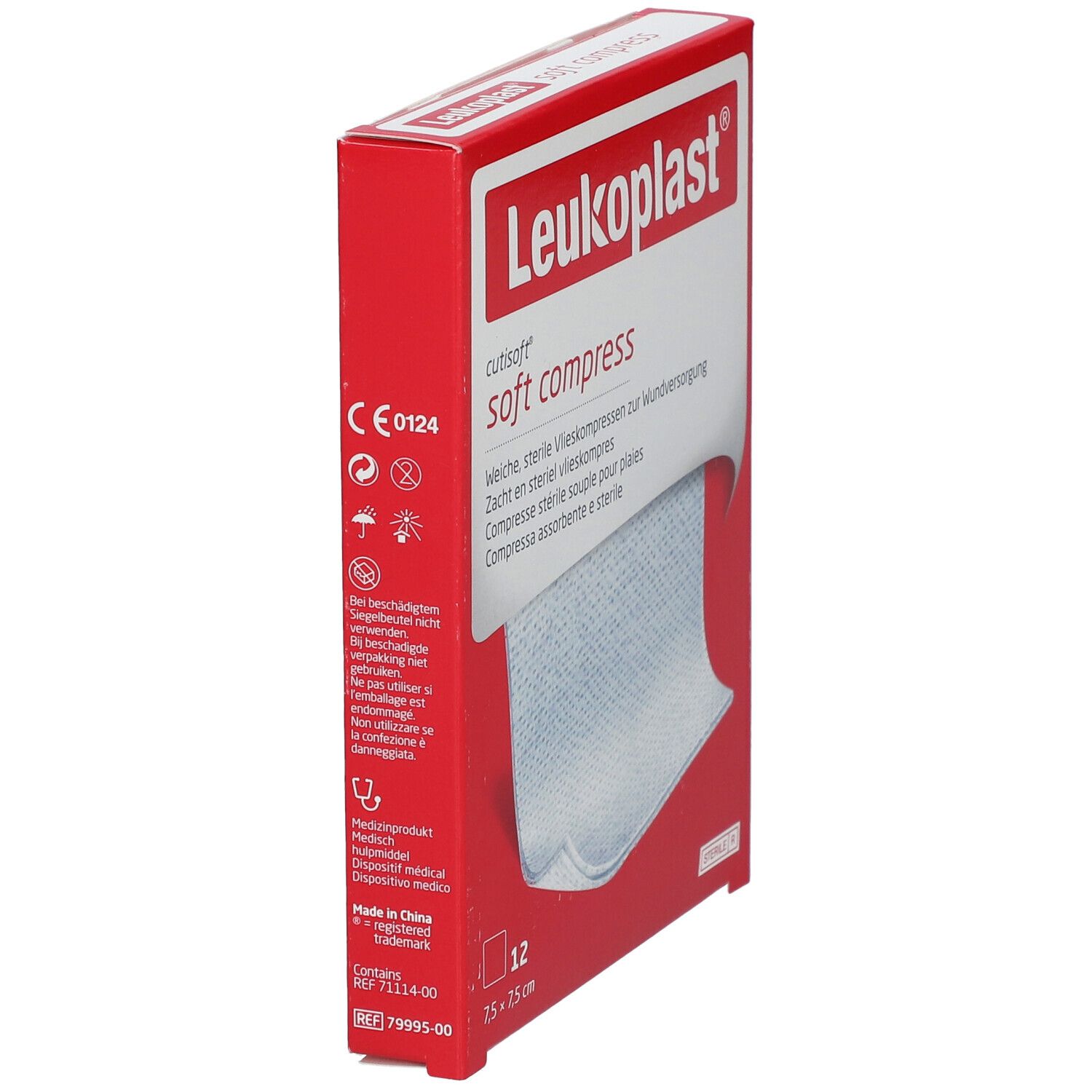 Emballage rouge avec Leukoplast Cutisoft soft compress. Contient 12 compresses stériles 7,5 x 7,5 cm. Dispositif médical.