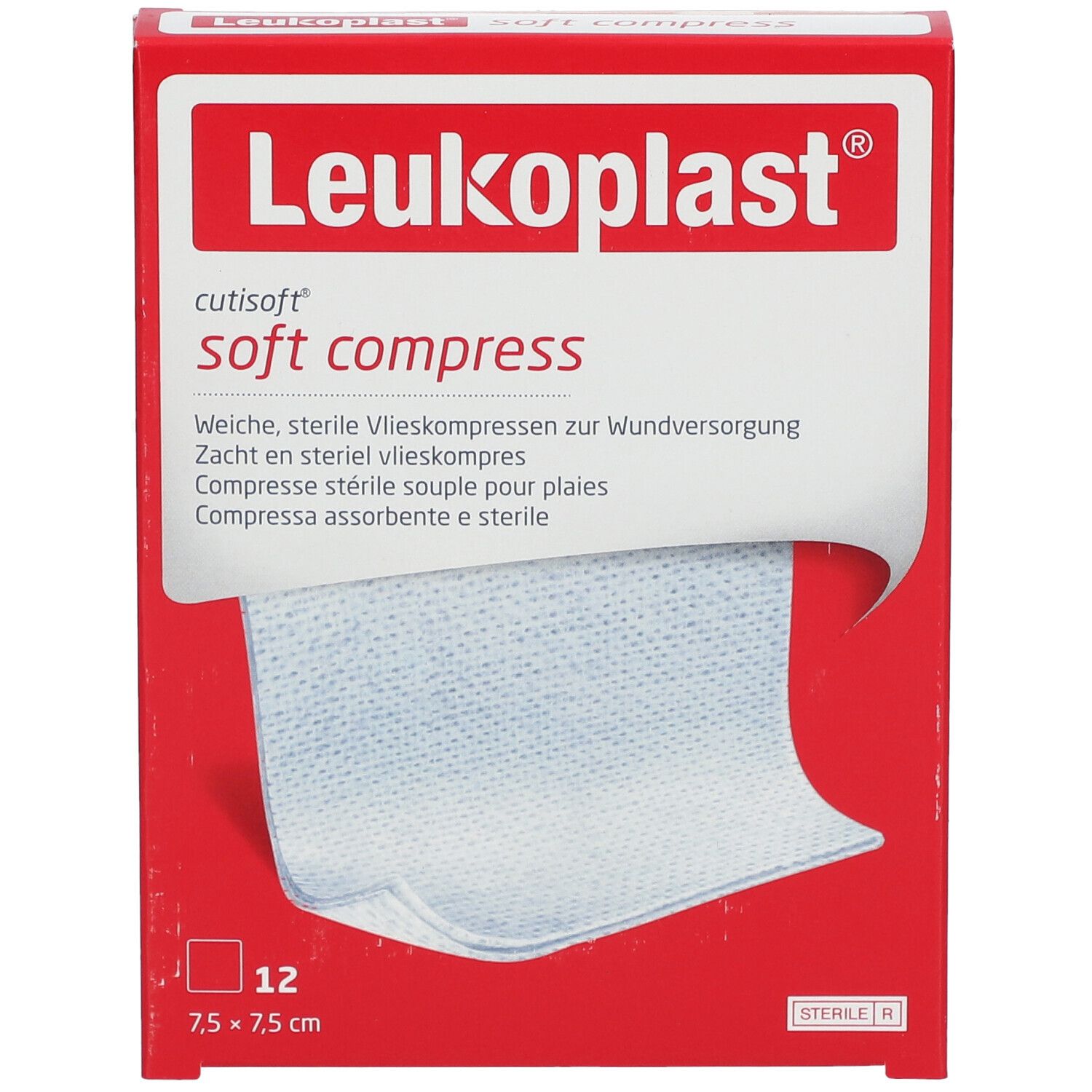Emballage avec Leukoplast Cutisoft soft compress. 12 compresses stériles 7,5 x 7,5 cm. Emballage rouge.