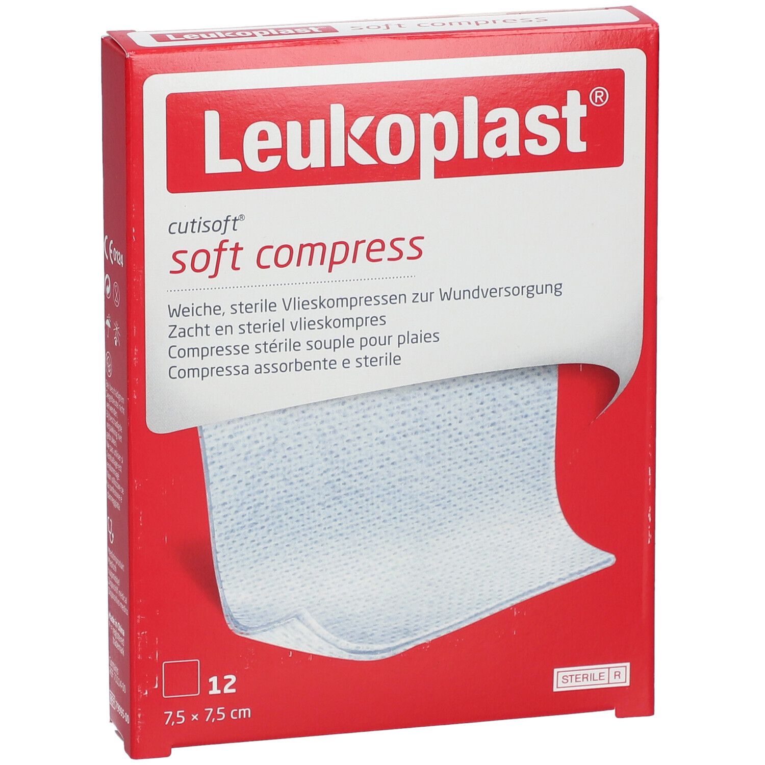 Emballage avec Leukoplast Cutisoft soft compress. 12 compresses stériles 7,5 x 7,5 cm. Emballage rouge.
