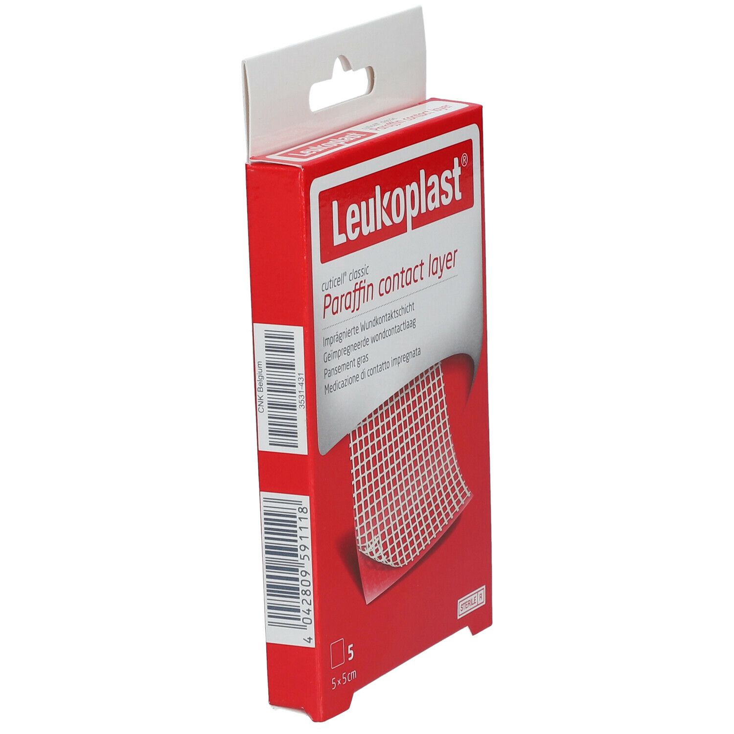 Rote Verpackung, Leukoplast®-Logo und Produktbezeichnung. Enthält 5 sterile, 5x5cm große Paraffin-Wundauflagen.
