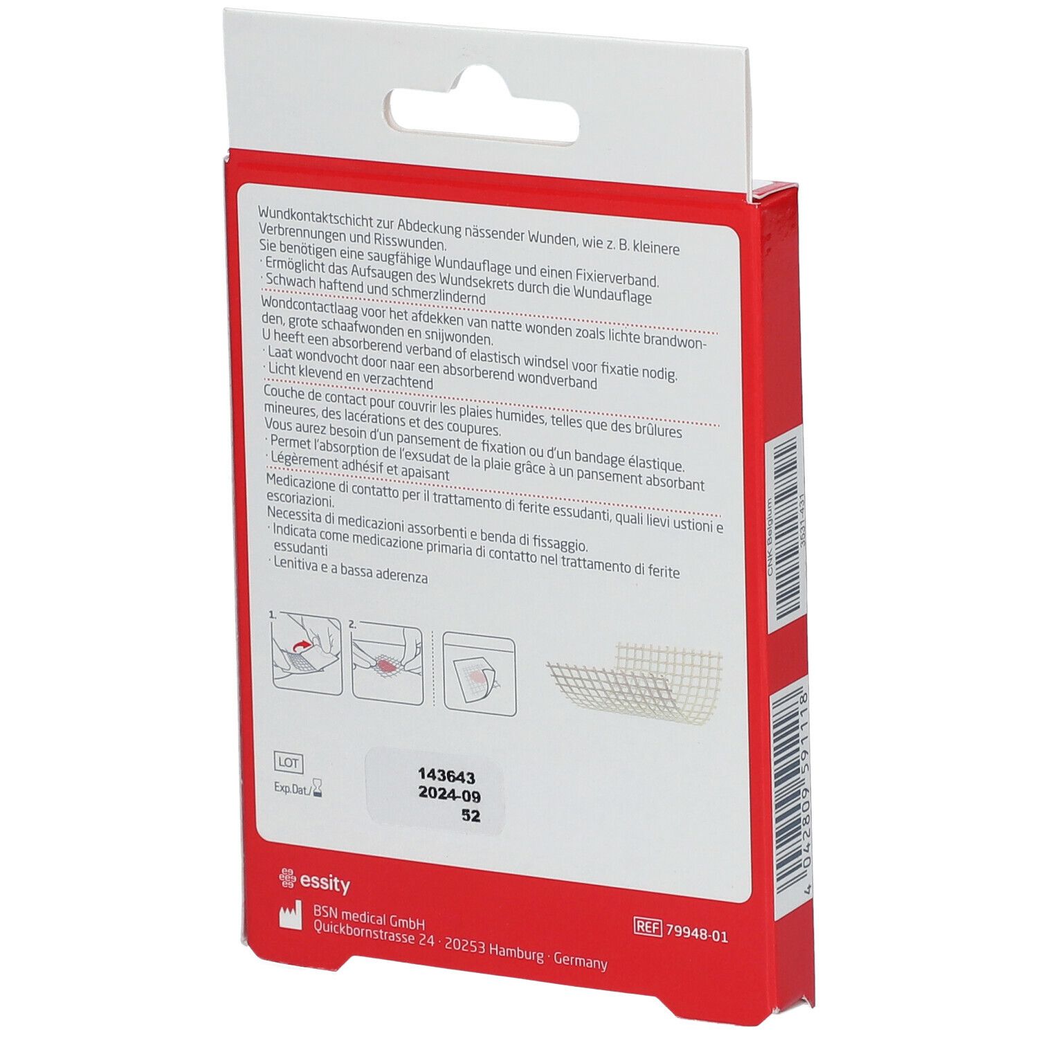 Rückseite der roten Verpackung. Text in mehreren Sprachen. Enthält 5 sterile, 5x5cm große Paraffin-Wundauflagen.