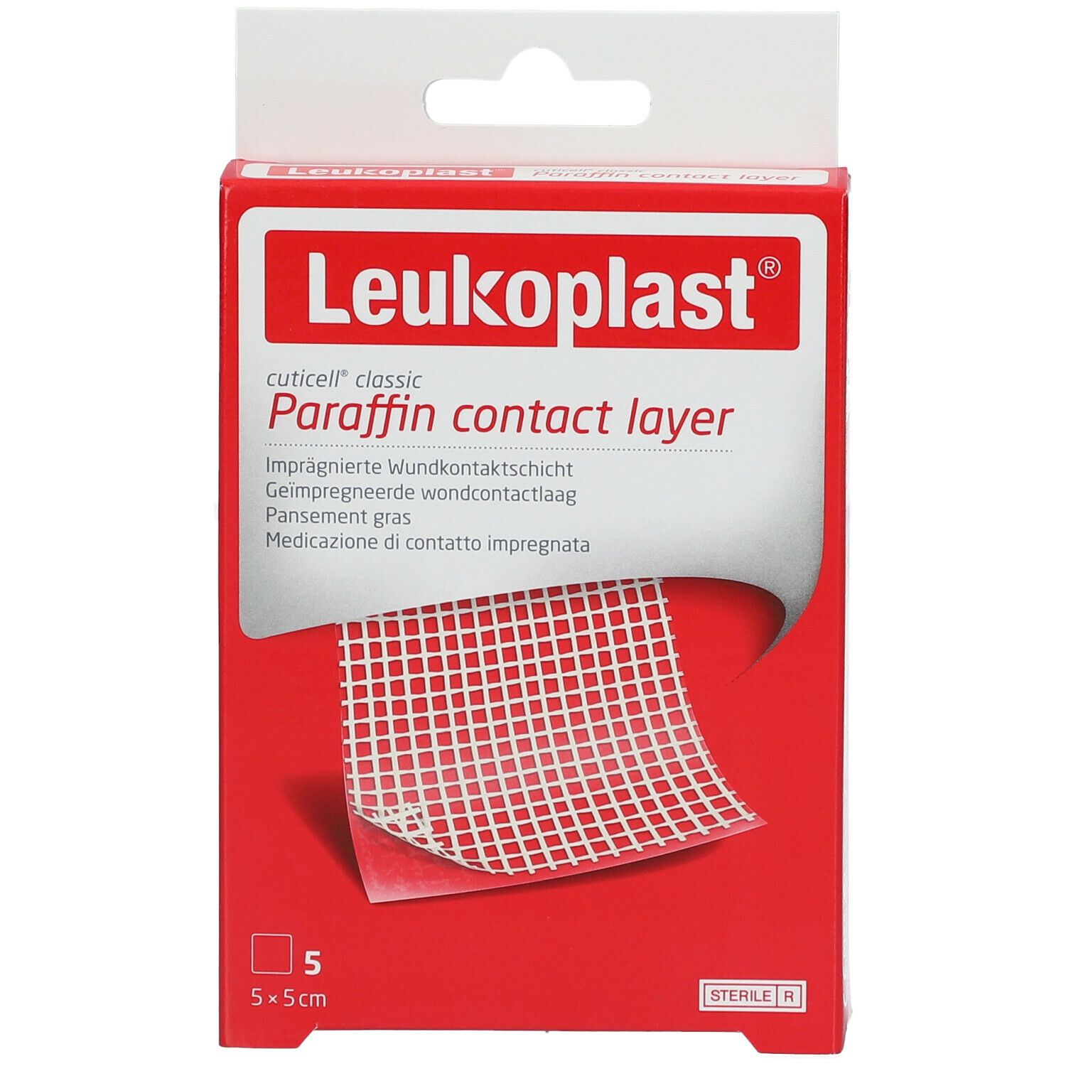 Rote Verpackung mit Leukoplast®-Logo und Produktbezeichnung. Enthält 5 sterile, 5x5cm große Paraffin-Wundauflagen.