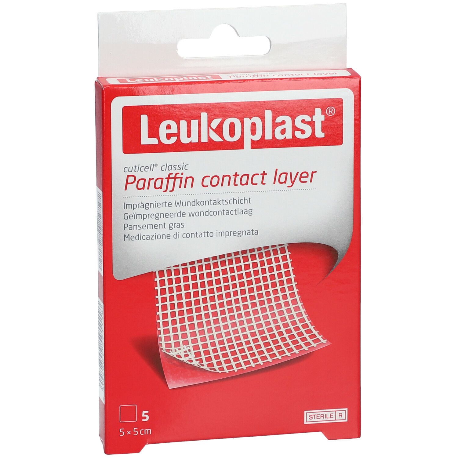 Rote Verpackung mit Leukoplast®-Logo und Produktbezeichnung. Enthält 5 sterile, 5x5cm große Paraffin-Wundauflagen.