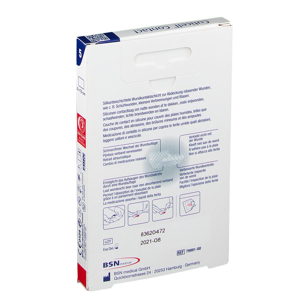 Dos de l'emballage Leukoplast Cuticell Contact. Informations produit, instructions, informations fabricant.
