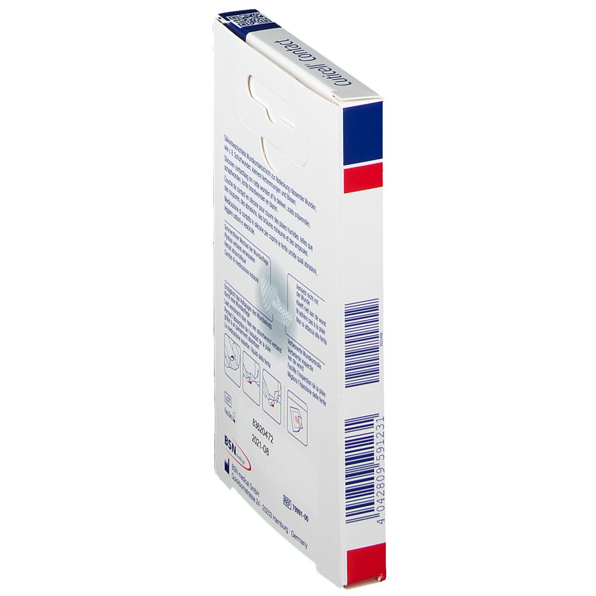 Vue latérale de l'emballage Leukoplast Cuticell Contact. Informations produit, fabricant, numéro de lot.