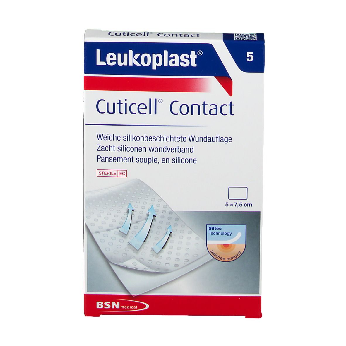 Boîte de Leukoplast Cuticell Contact, 5 unités. Pansement souple en silicone, 5 x 7,5 cm. BSN medical.