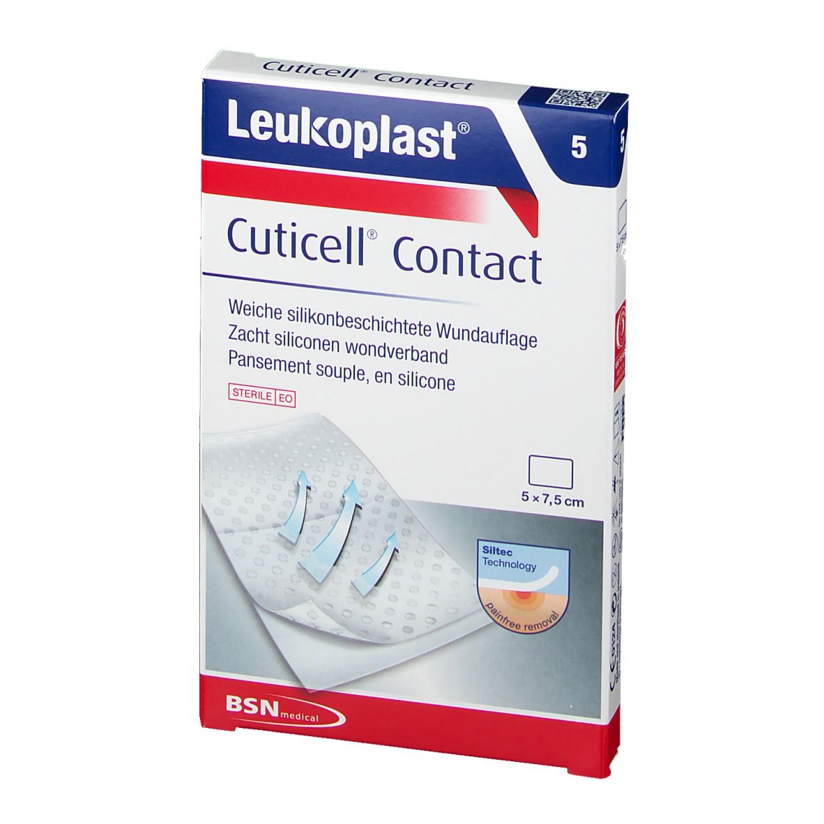 Boîte de Leukoplast Cuticell Contact, 5 unités. Pansement souple en silicone, 5 x 7,5 cm. BSN medical.