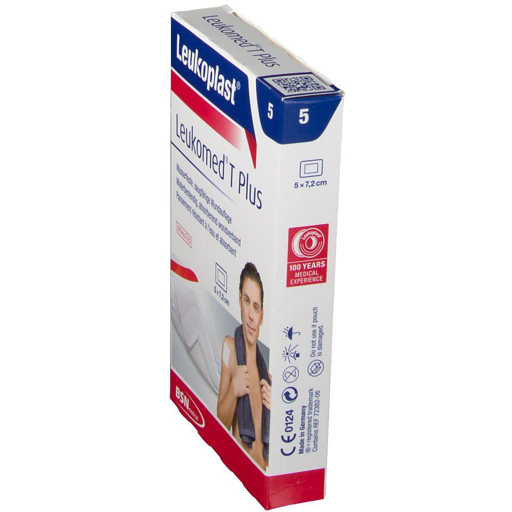 Leukoplast Leukomed T Plus Verpackung. 5 Stück. Seitenansicht. Produktabbildung und Mann mit Pflaster. 100 Jahre Erfahrung.