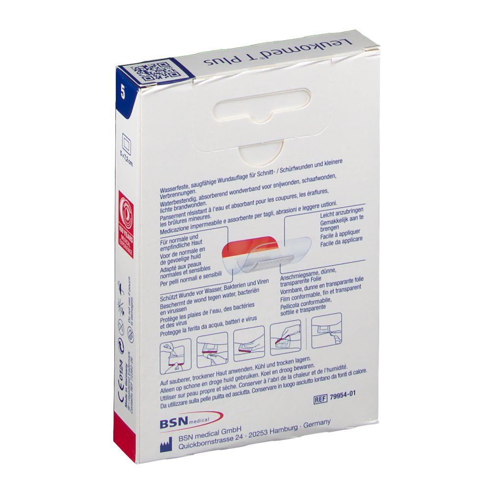 Rückseite der Leukoplast Leukomed T Plus Verpackung. Produktinformationen und Anwendungshinweise. Illustrationen.