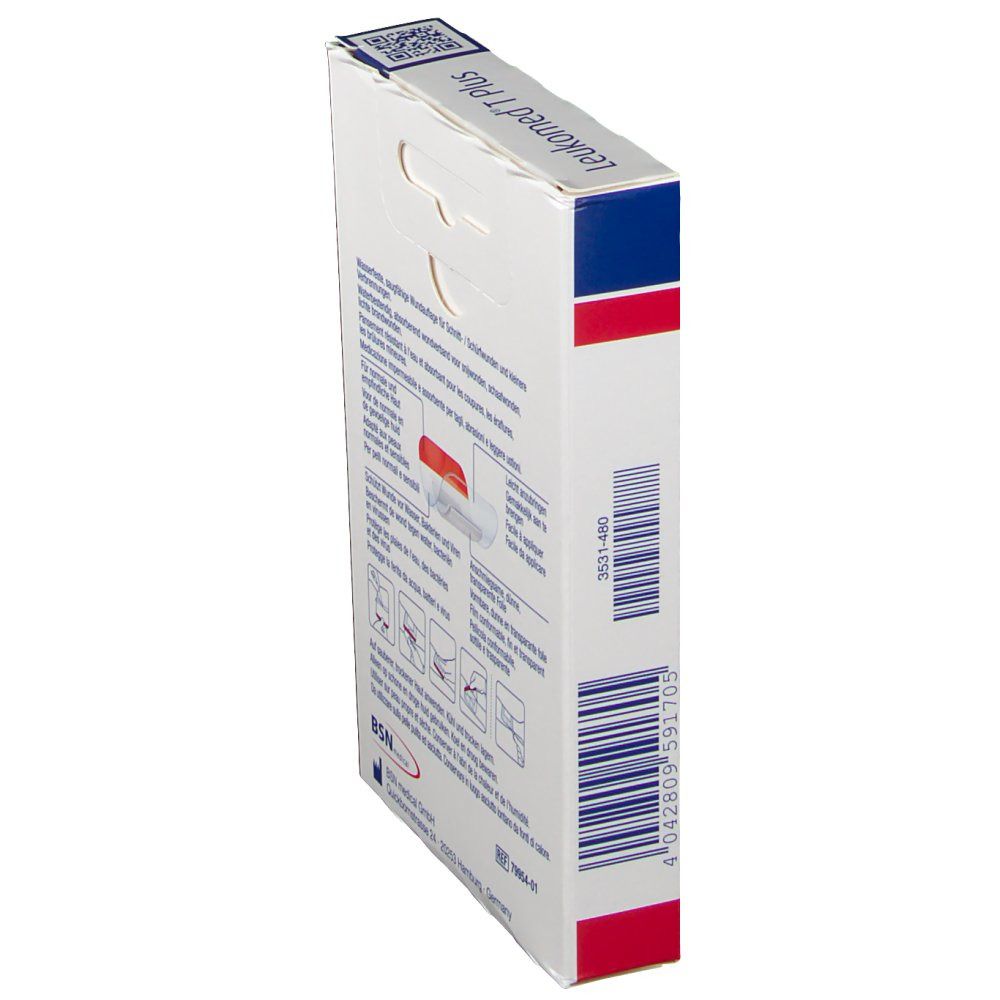 Seitenansicht der Leukoplast Leukomed T Plus Verpackung. Produktinformationen und Barcode. Illustrationen.