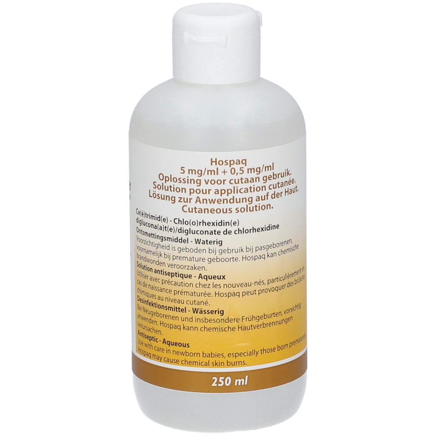 Flacon blanc avec bouchon. Inscription: Hospaq 5mg/ml + 0,5 mg/ml. 250 ml. Texte multilingue.