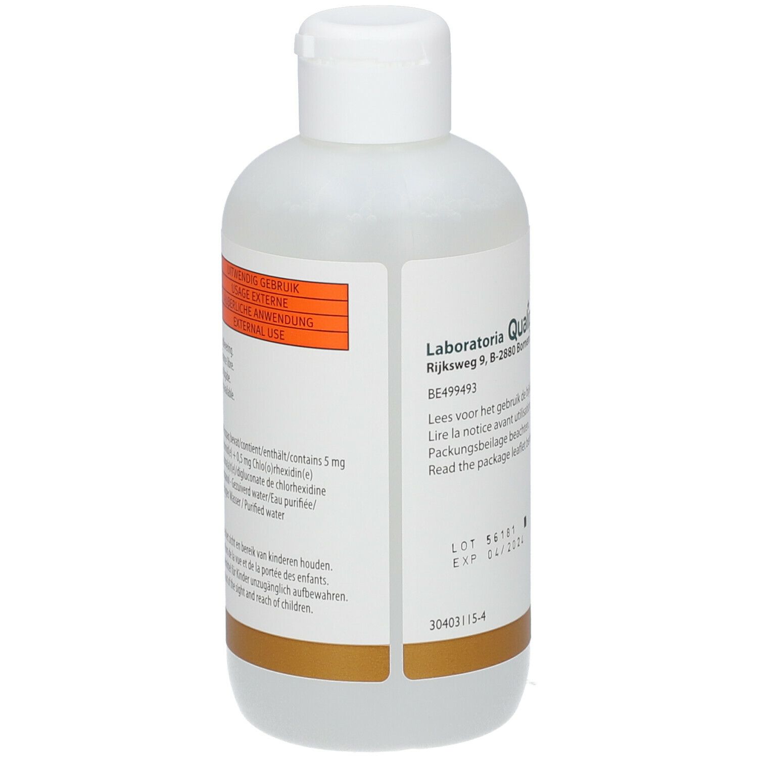 Flacon blanc avec bouchon. Inscription: Hospaq 5mg/ml + 0,5 mg/ml. Texte multilingue. Bande orange.
