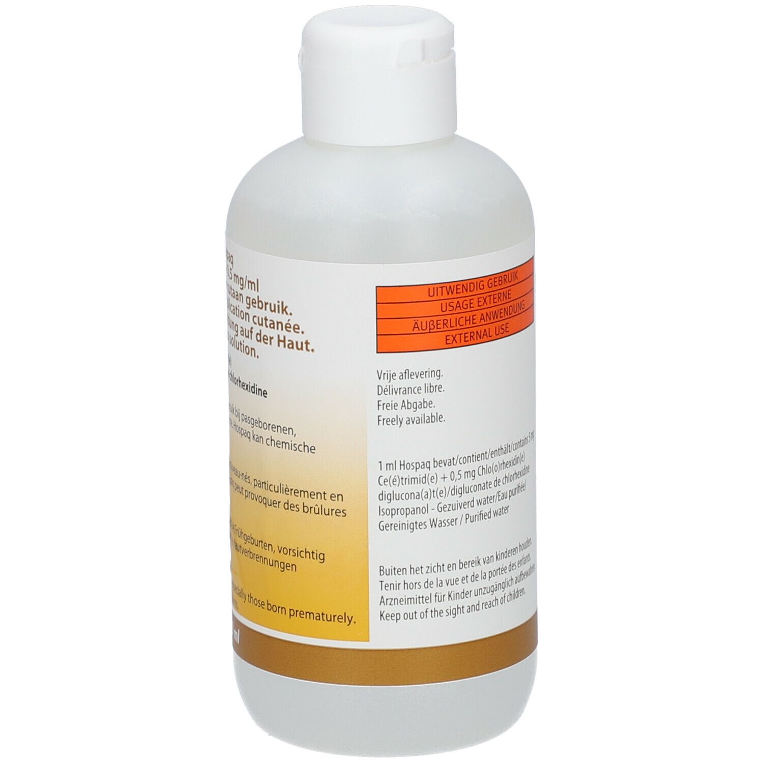 Flacon blanc avec bouchon. Inscription: Hospaq 5mg/ml + 0,5 mg/ml. Texte multilingue. Bande orange.