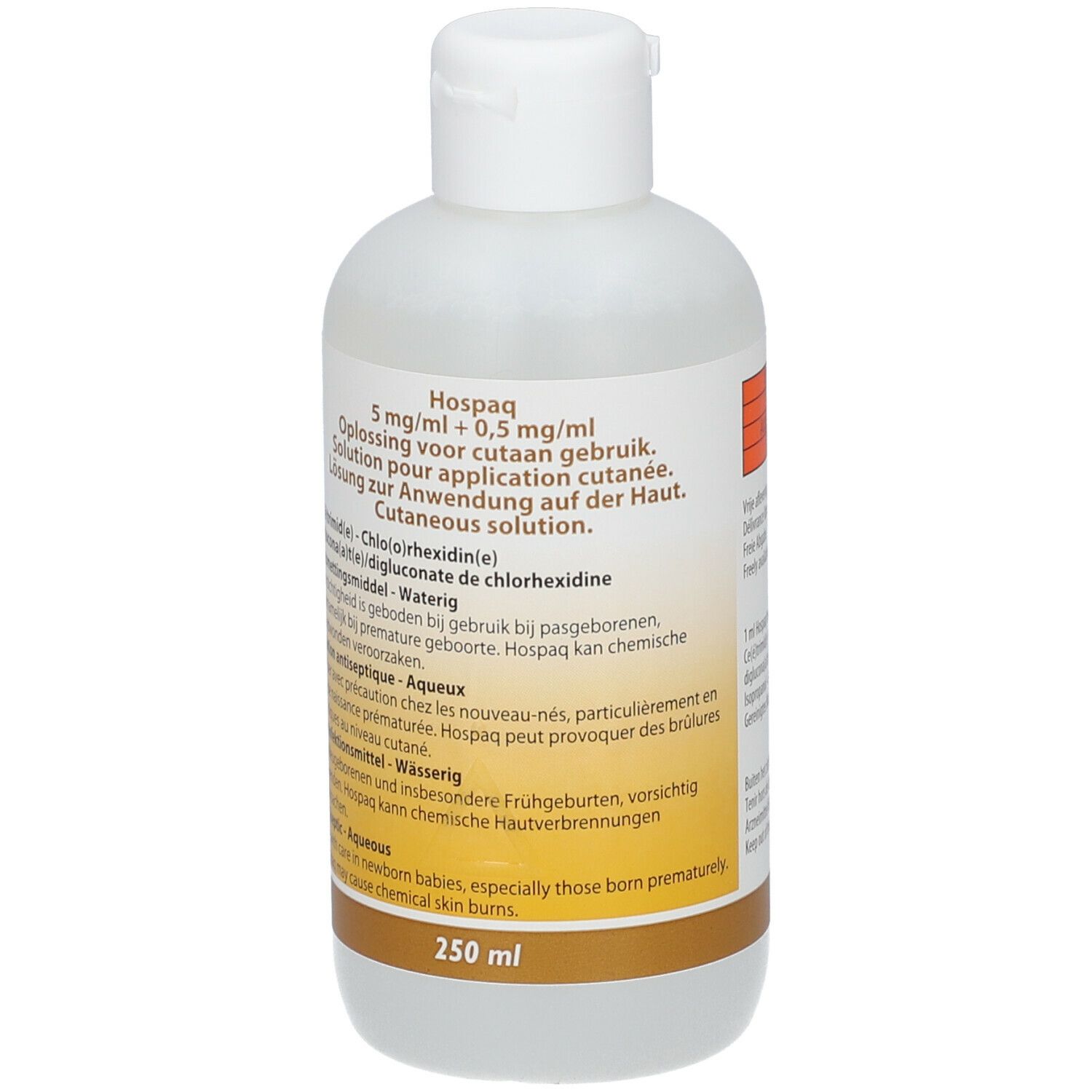 Flacon blanc avec bouchon. Inscription: Hospaq 5mg/ml + 0,5 mg/ml. 250 ml. Texte multilingue.