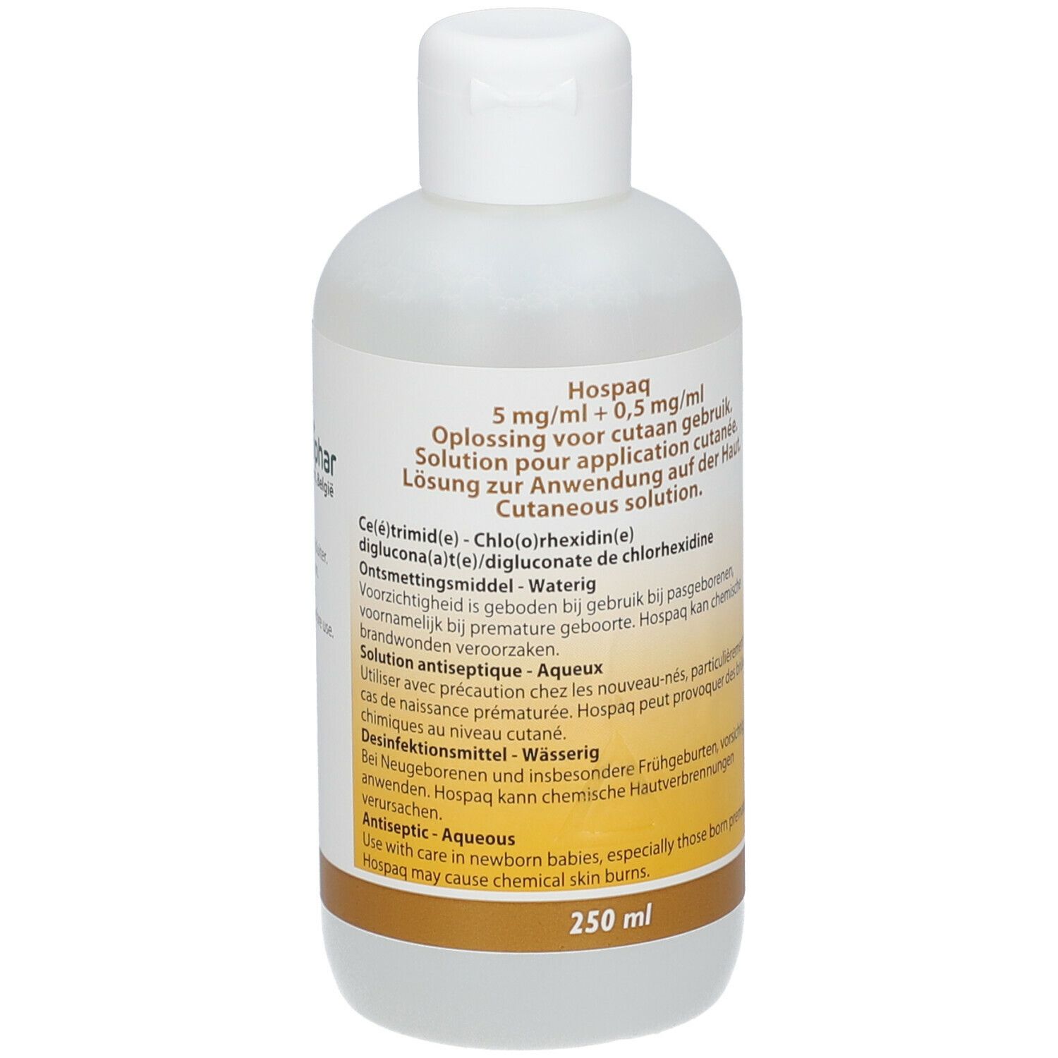 Flacon blanc avec bouchon. Inscription: Hospaq 5mg/ml + 0,5 mg/ml. 250 ml. Texte multilingue.