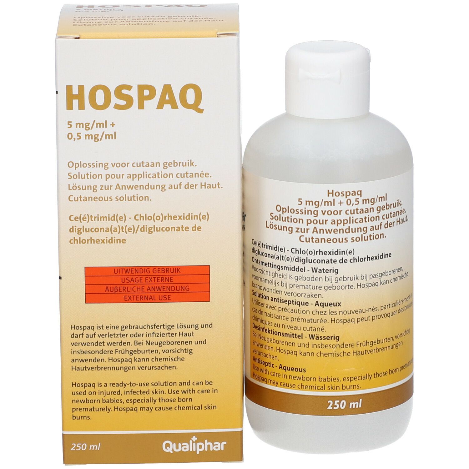 Emballage du produit avec flacon. Inscription: HOSPQ 5mg/ml + 0,5 mg/ml. 250 ml. Texte multilingue.