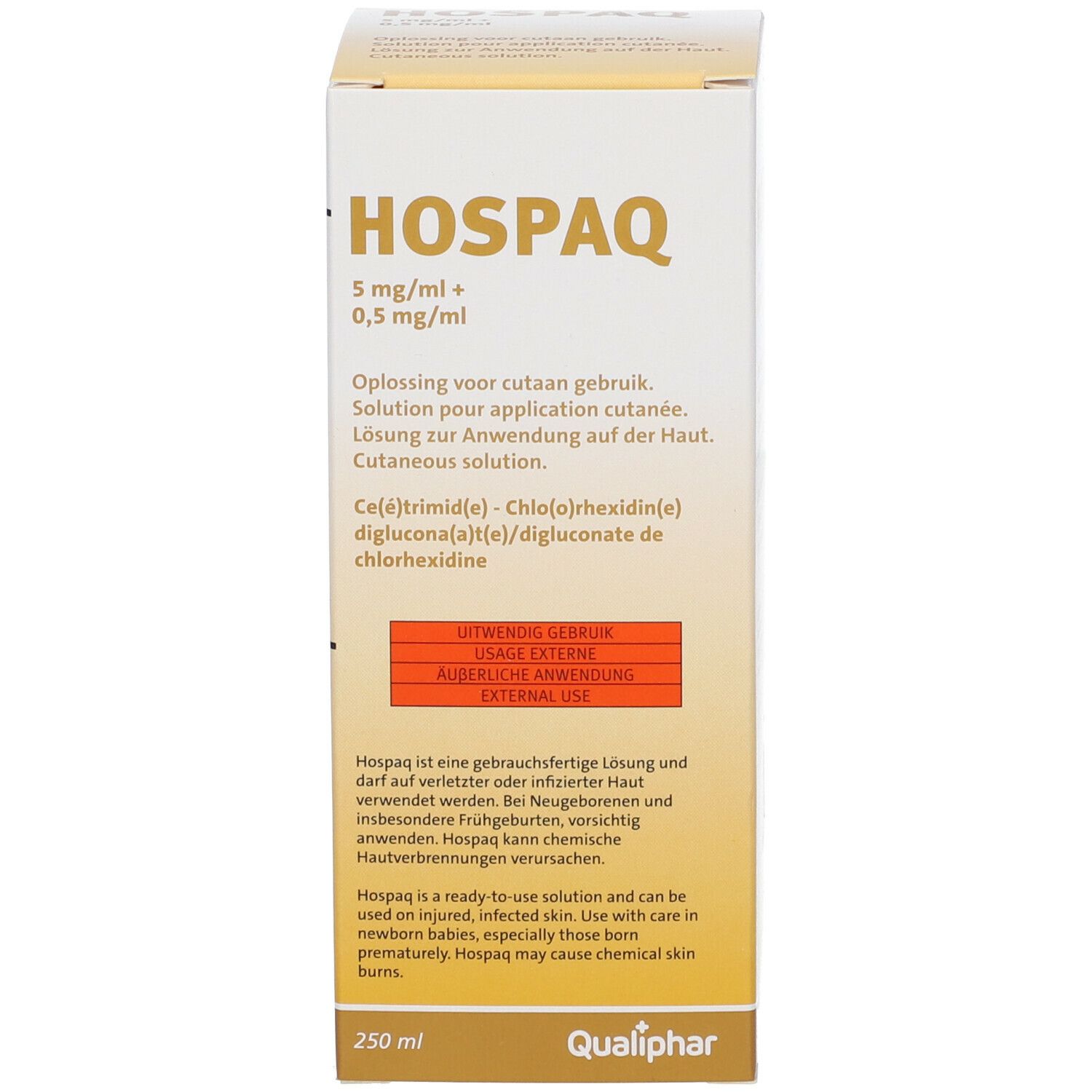 Emballage du produit. Inscription: HOSPQ 5mg/ml + 0,5 mg/ml. 250 ml. Texte multilingue.
