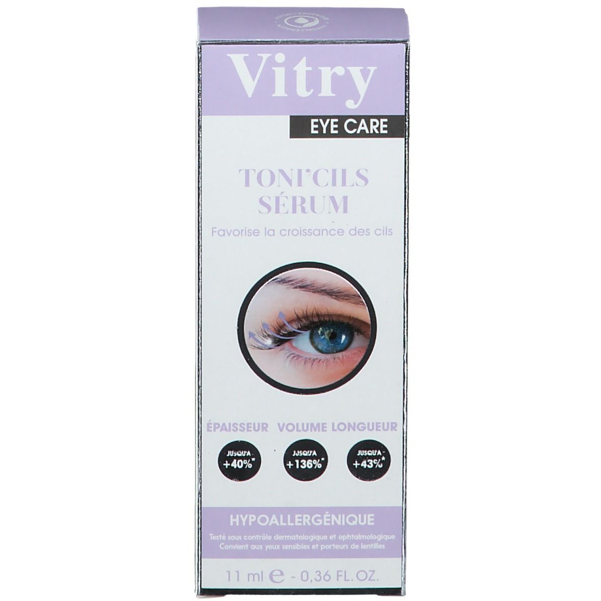 Emballage du produit avec boîte. Boîte avec inscription : Vitry, TONICILS SÉRUM, image d'œil.