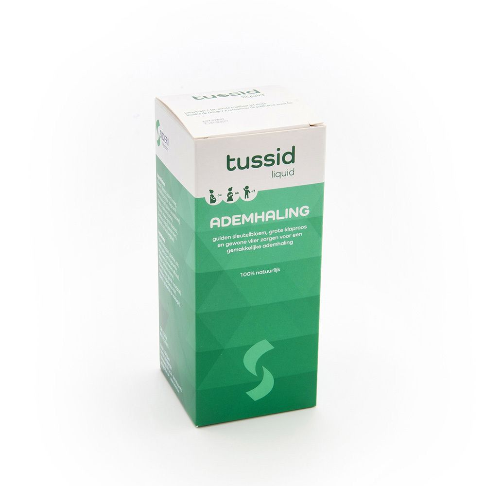Kartonnen verpakking met de tekst "tussid liquid". Groen-witte verpakking met tekst en pictogrammen.