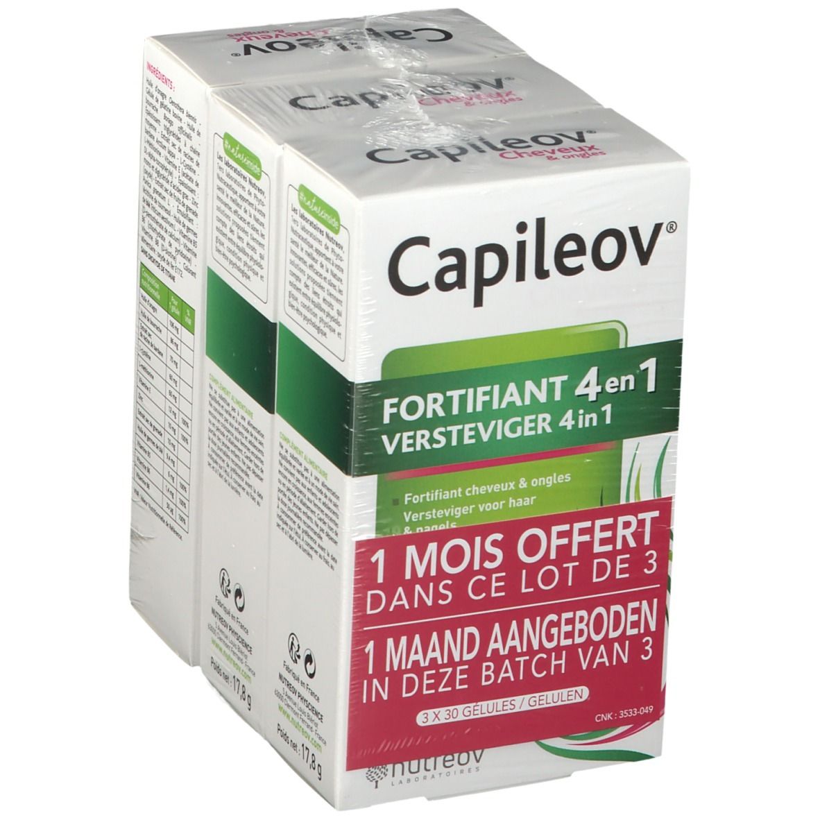 Verpakking van Capileov, 4-in-1 haar- en nagelversterker. Bevat 3 dozen met 30 capsules. 1 maand gratis.