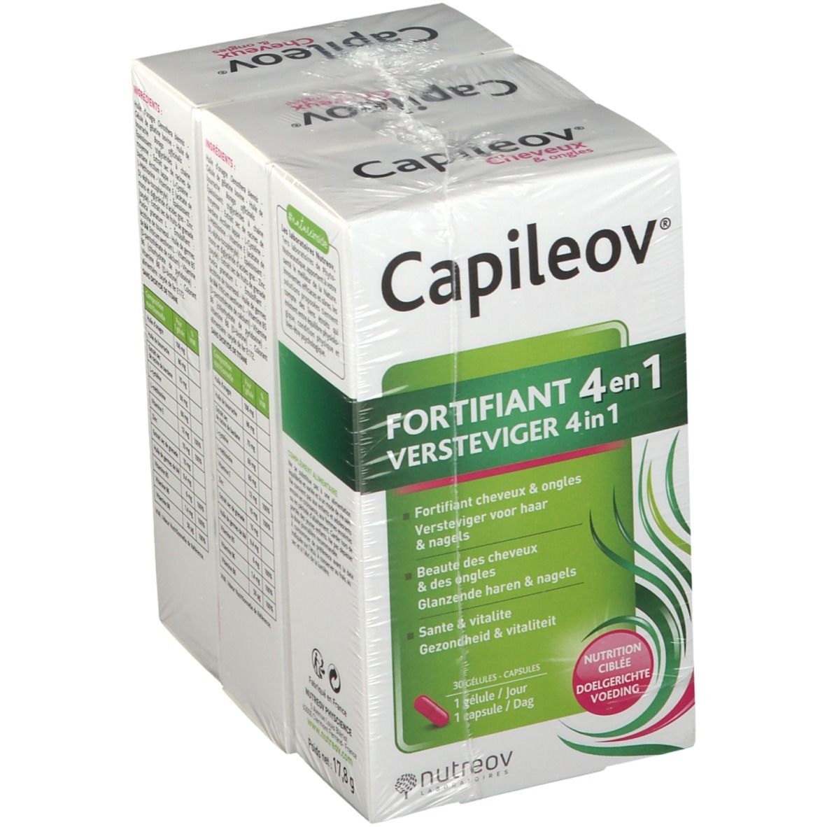 Capileov verpakking, 4-in-1 haar- en nagelversterker. Bevat 30 capsules. Informatie over gezondheid en vitaliteit.