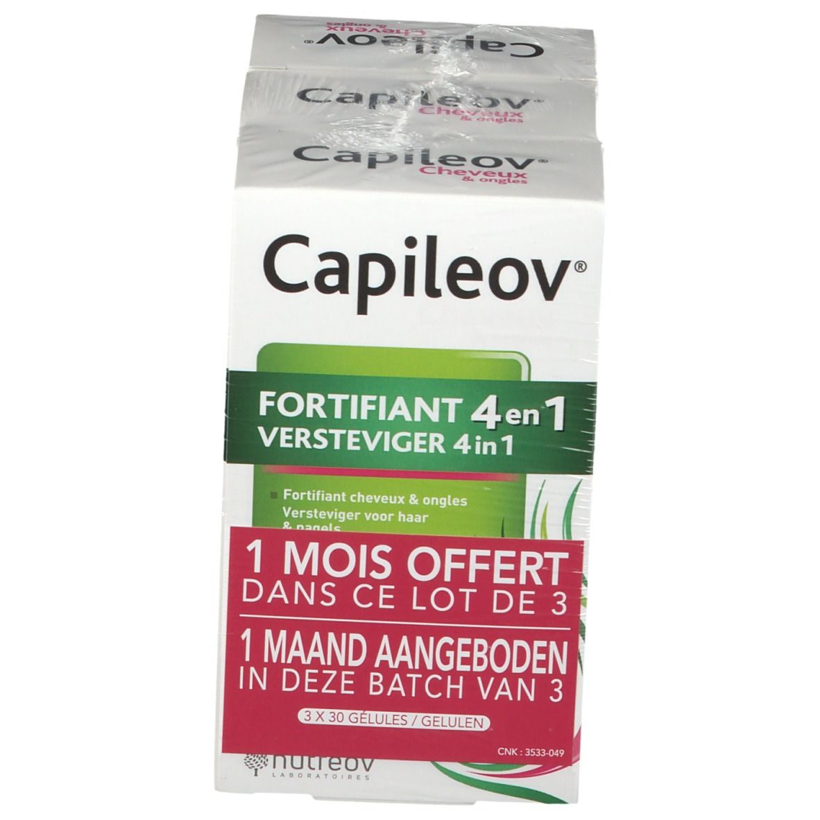 Capileov verpakking, 4-in-1 haar- en nagelversterker. Bevat 3 dozen met 30 capsules. 1 maand gratis.