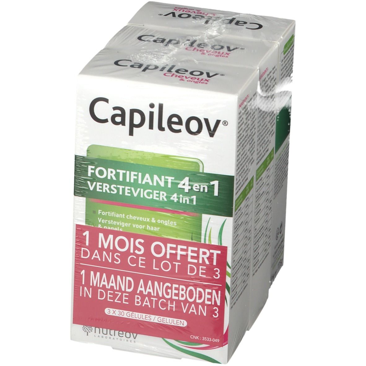 Capileov verpakking, 4-in-1 haar- en nagelversterker. Bevat 3 dozen met 30 capsules. 1 maand gratis.