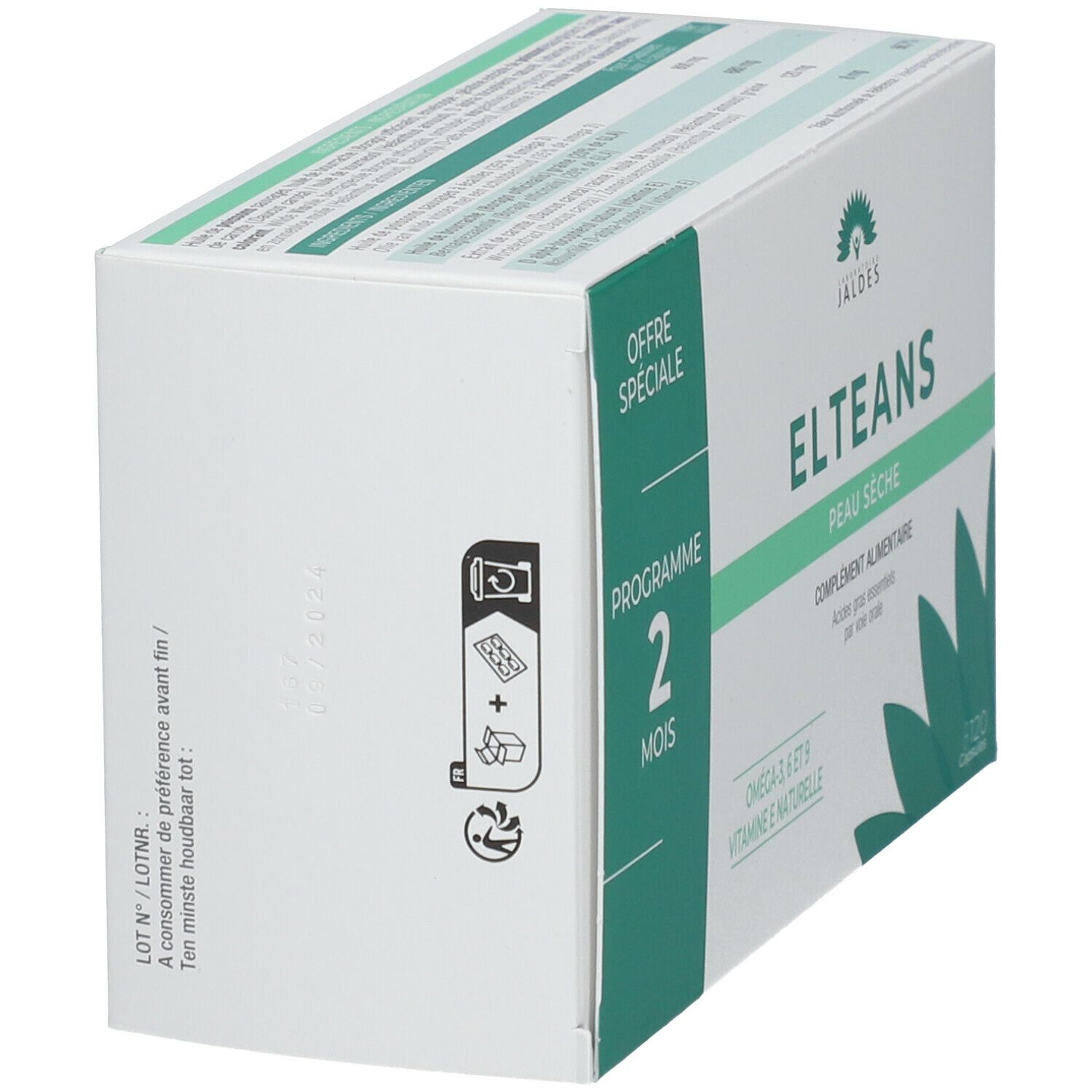 Seitenansicht der JALDES ELTEANS Verpackung. Aufschrift: ELTEANS, Programm 2 Monate. Mit Piktogrammen für Tabletten.