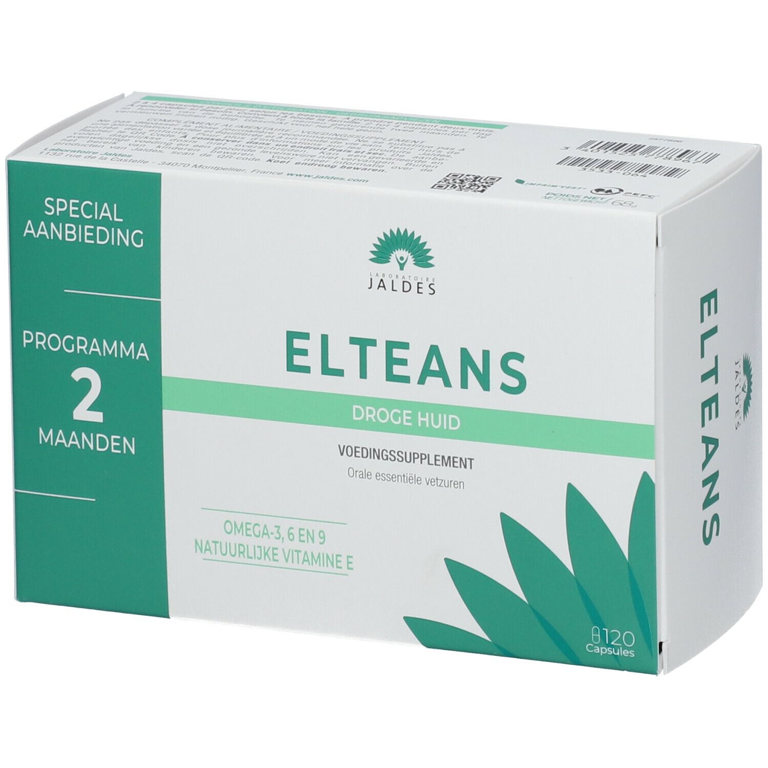 Verpackung von JALDES ELTEANS. Aufschrift: ELTEANS DROGE HUID, Nahrungsergänzungsmittel, 120 Kapseln. Angebot für 2 Monate.