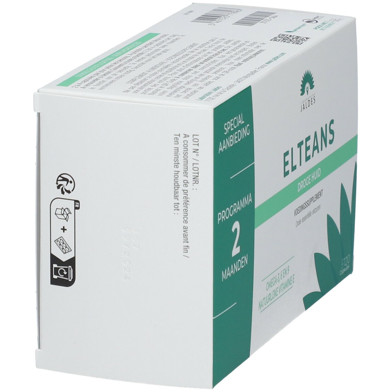 Seitenansicht der JALDES ELTEANS Verpackung. Aufschrift: ELTEANS, Programm 2 Monate. Mit Piktogrammen für Tabletten.