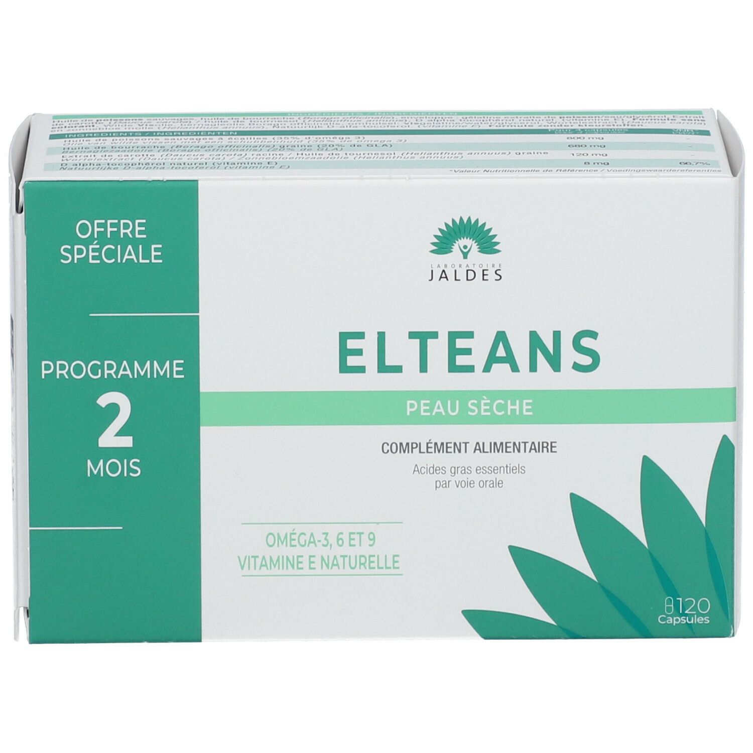 JALDES ELTEANS Verpackung. Aufschrift: ELTEANS PEAU SÈCHE, Nahrungsergänzungsmittel, 120 Kapseln. Angebot für 2 Monate.