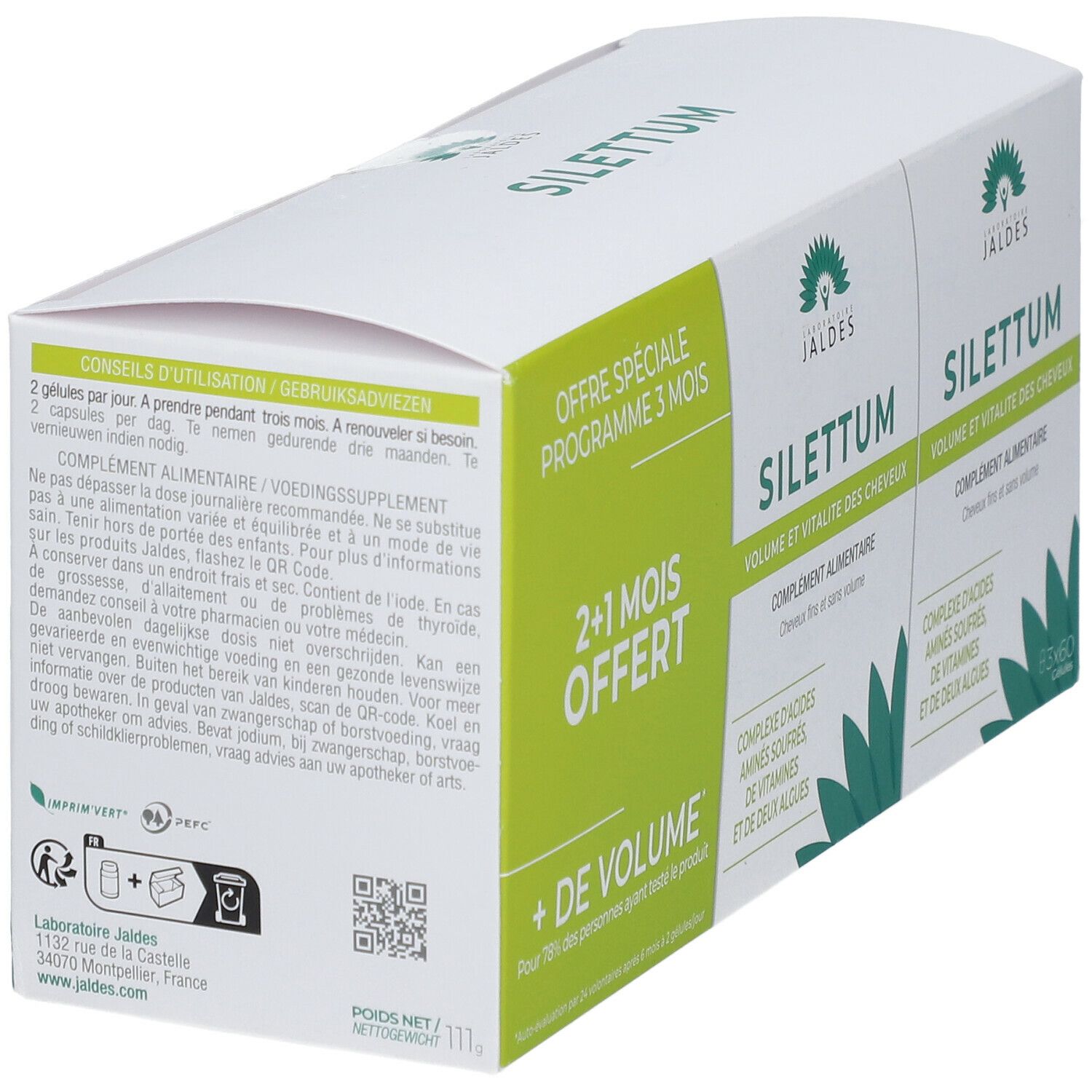 Boîte avec deux boîtes. Inscription: Silettum, complément alimentaire, + de volume, 2+1 mois offert. Mode d'emploi.