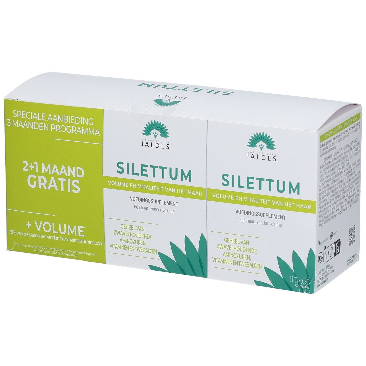 Boîte avec deux boîtes. Inscription: Silettum, complément alimentaire, + de volume, 2+1 mois offert.