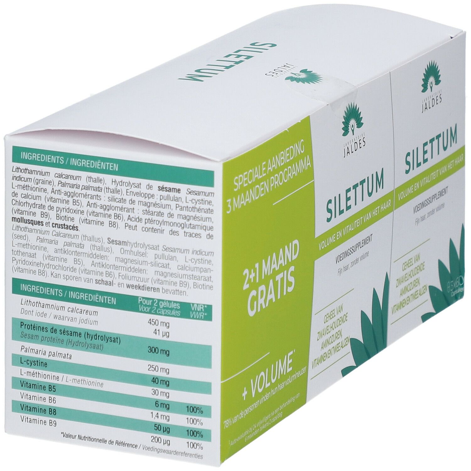 Boîte avec deux boîtes. Inscription: Silettum, complément alimentaire, + de volume, 2+1 mois offert. Liste des ingrédients.