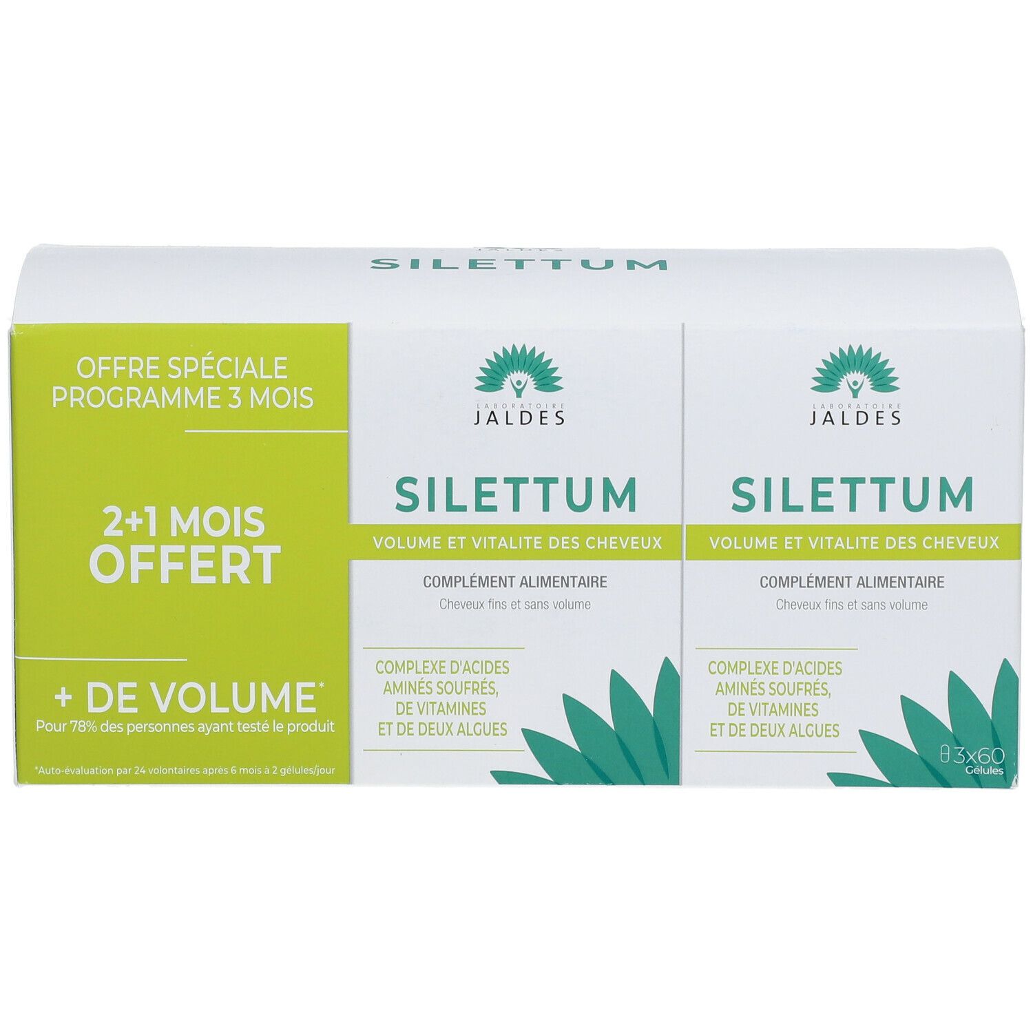 Boîte avec deux boîtes. Inscription: Silettum, complément alimentaire, + de volume, 2+1 mois offert.