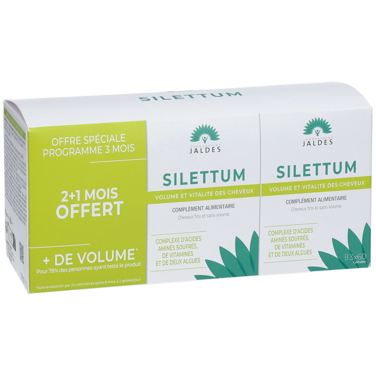 Boîte avec deux boîtes. Inscription: Silettum, complément alimentaire, + de volume, 2+1 mois offert.