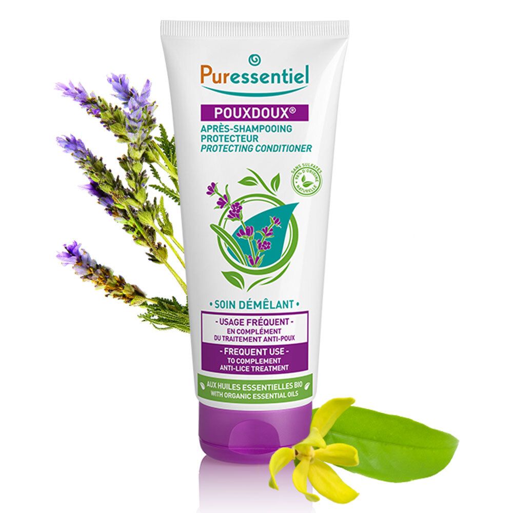 Weiße Tube mit lila Verschluss. Aufschrift: POUXDOUX, Après-Shampooing Protecteur, Soin Démêlant. Mit Lavendel und Blättern.