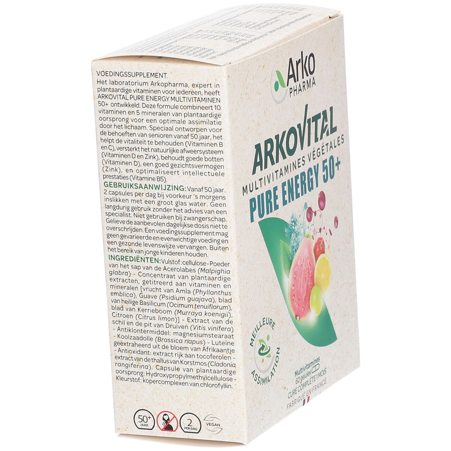 Emballage du produit avec texte. Inscription: Arkovital Pure Energy 50+. Texte en allemand et français.