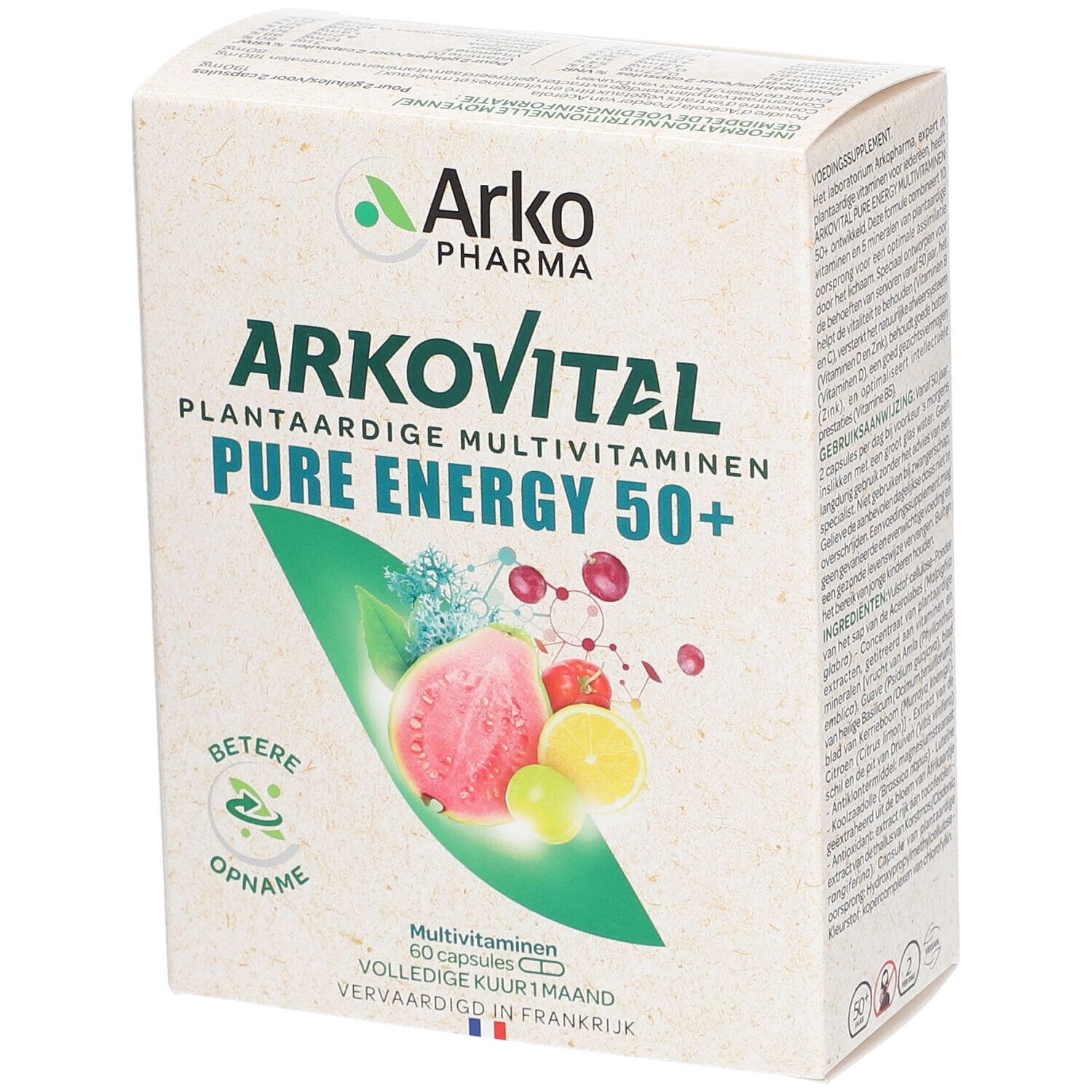 Emballage du produit avec texte. Inscription: Arkovital Pure Energy 50+. Illustration de fruits.
