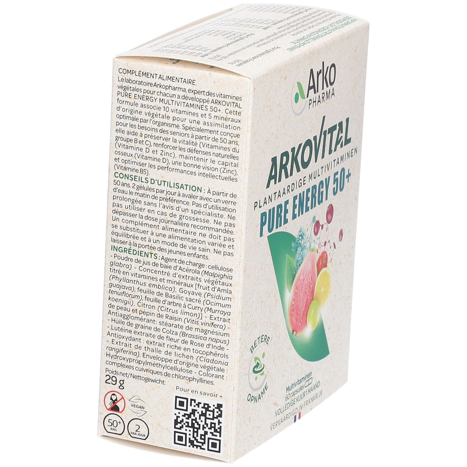 Emballage du produit avec texte. Inscription: Arkovital Pure Energy 50+. Texte en français.